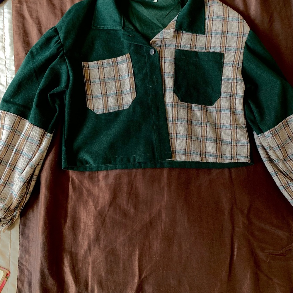 Green and Cream Color Block Button Down Shirt